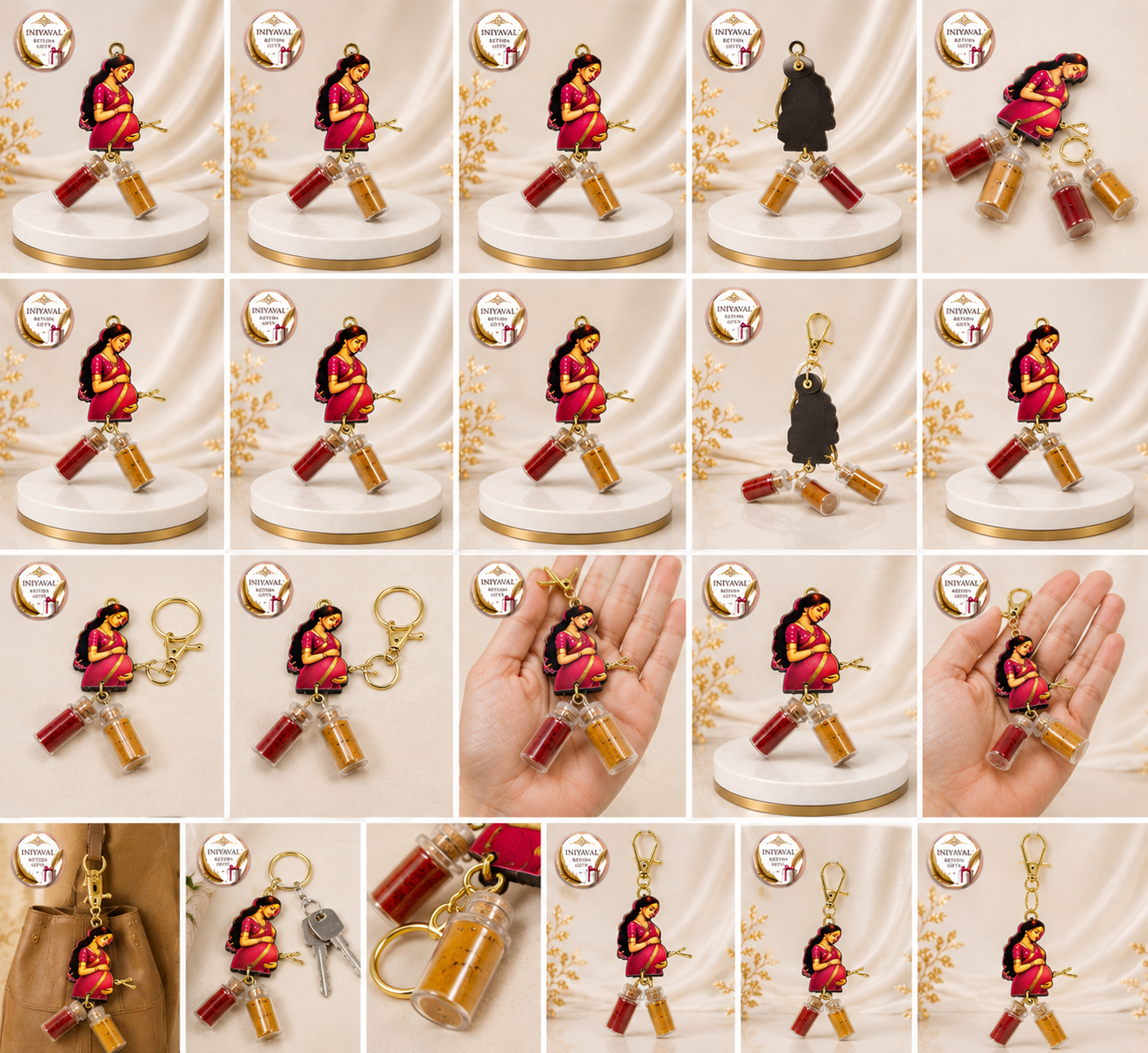 MDF Pregnant Woman Fridge Magnet with Haldi Kumkum Miniature Glass Bottles 2