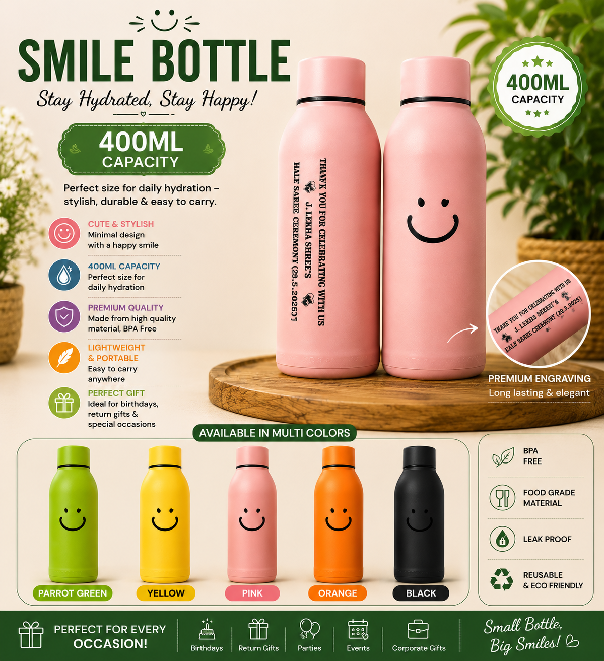 Smiley Glass Personalized  Water Bottle